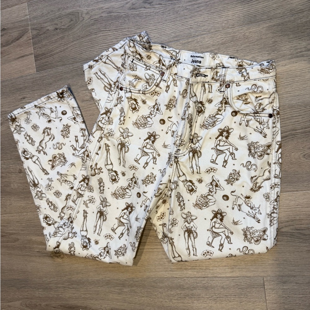 Reformation White Jeans with Brown Pattern